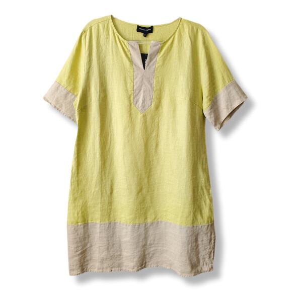 French Curve Dresses & Skirts - Yellow Beige Linen Short Sleeve Shift Mini Dress M Scandi Neutral Coastal NEW